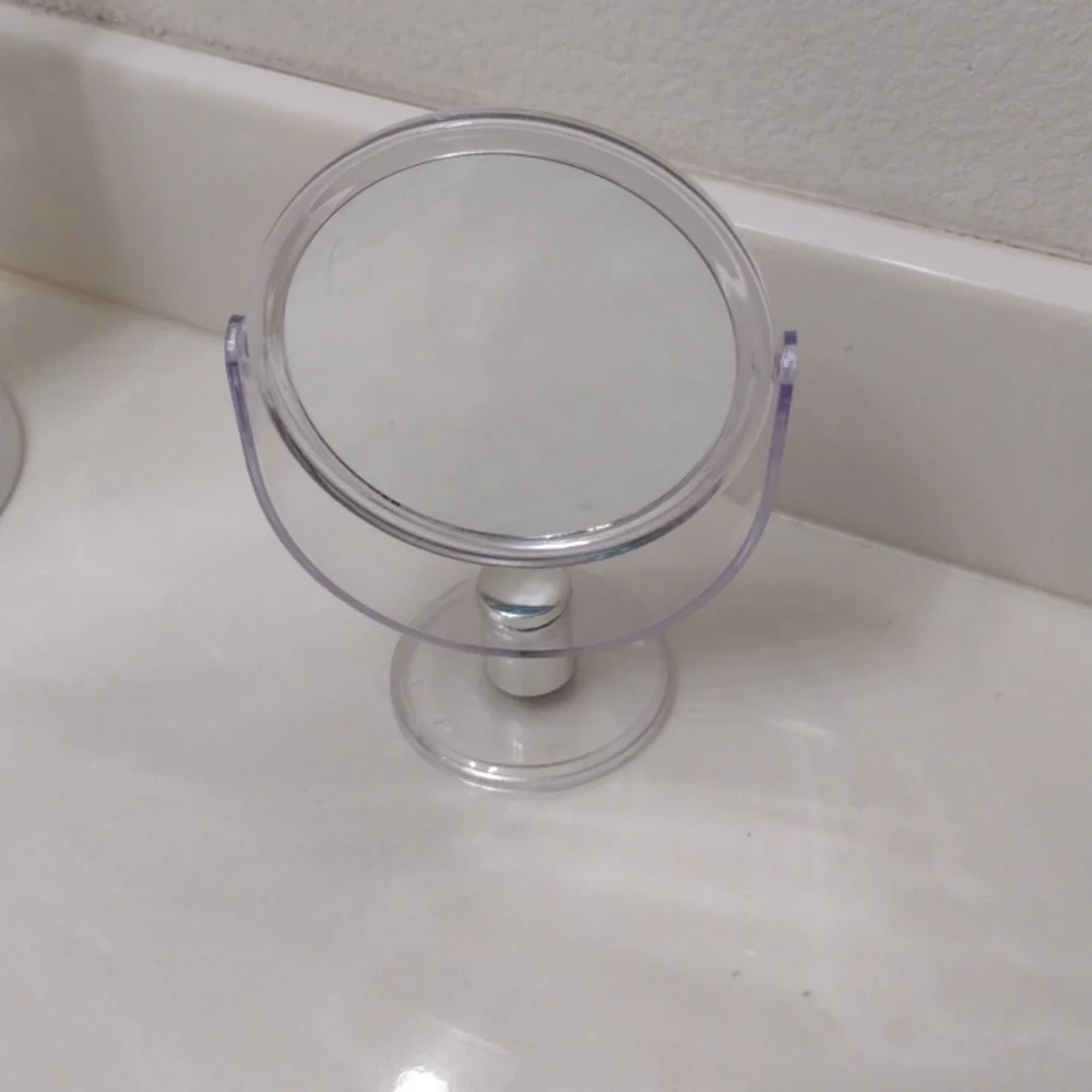 Two makeup mirrors a set, one white one clear acrylic reversible side magnified